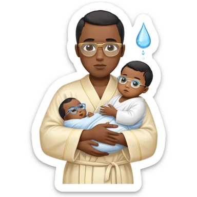 A black male named diddy with short black hair and gold and blue rectangular glasses wearing nothing but a white robe while he holds a baby and baby oil sticker