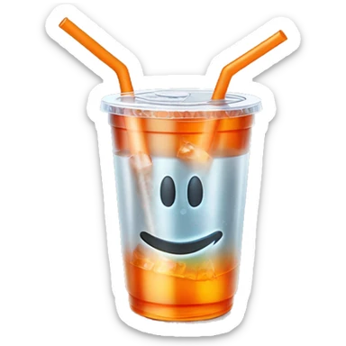 Realistic plastic cup and lid with Transluscent orange soda and large ice cubes inside and one straw through the top of the lid. sticker