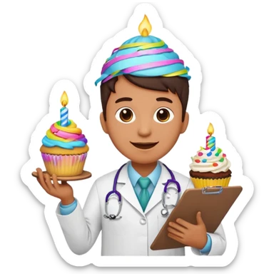 joyful doctor emoji with a medical clipboard, surrounded by colorful streamers and a birthday cupcake sticker