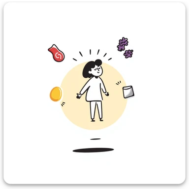 Floating orb of warm light containing mini bright icons: red meat, golden egg, purple beans, translucent tofu block and yogurt glass, slowly rotating around a radiant body figure that radiates strength and balance sticker