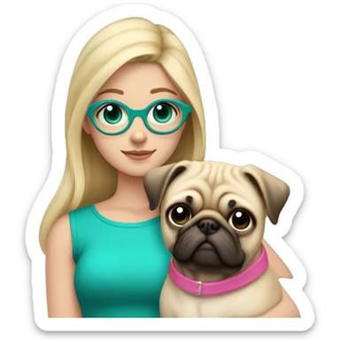 Blond haired Girl with teal eyes with pink glasses and pink shirt holding a pug  sticker