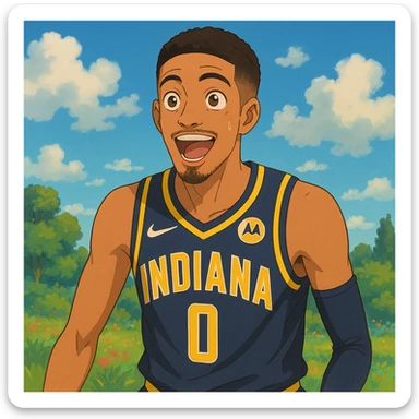 Tyrese Haliburton wearing an Indiana Pacers jersey, expressive and detailed, vibrant colors, soft shading, whimsical background in Ghibli style sticker