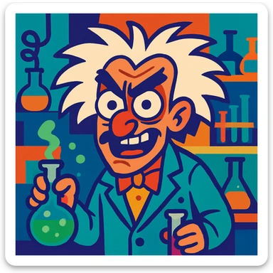 mad genius with wild hair, intense eyes, eccentric expression, in a laboratory, vibrant colors sticker