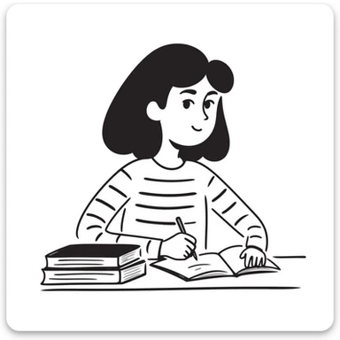 female student sitting at desk, taking notes, attentively listening to a lecture, focused expression sticker
