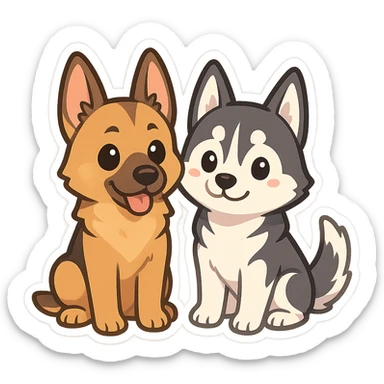 chibi sticker of two dogs, one German Shepherd and one Husky, sitting together, inspired by the reference photo sticker