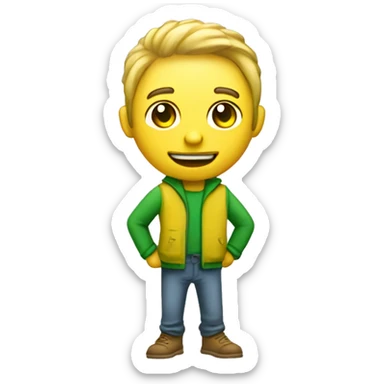 Create a simple friendly token character who has a big coin head and a skinny body. make his main colors of his body green + yellow, his clothes can be whatever color is best fit sticker