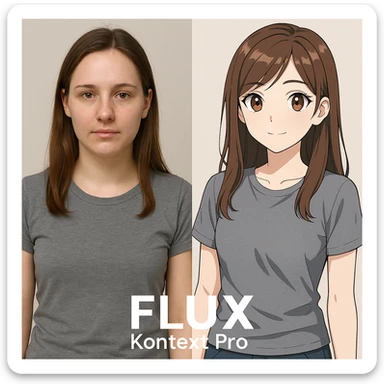 create before after image of a girl before is realsitic photo, after is anime version of her in same pose and clothes, add logo with text of a "FLUX Kontext Pro" sticker