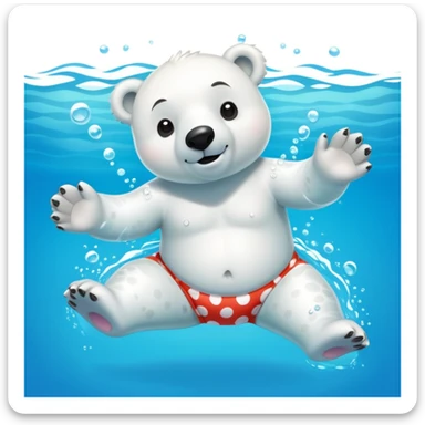 friendly anthropomorphised polar bear swimming in a wide pool scene, wearing polka dot swim trunks and snorkel gear sticker