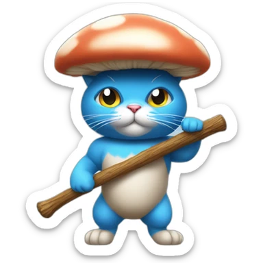 Strong muscles Blue cat NO ears  wearing a mushroom cap carrying a stick in one arm standing on two legs with pants sticker