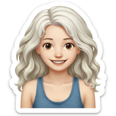 woman with wavy long white hair and brown eyes. smiling in a grunge tanktop. pale skin. sticker