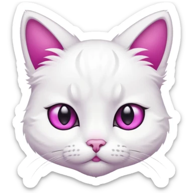 White cat, sad face, tear drop below one eye, magenta eyes, black background, cute cartoon style sticker