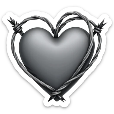 Minimal black line art heart made from barbed wire, hand-drawn sketch look, uneven ink strokes, 6–7 barbs with twisted knots, simple clean outline, centered on plain white background, high contrast sticker