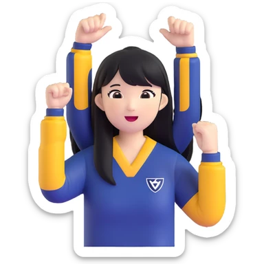 East Asian woman with long black straight hair and bangs wearing navy and white Doosan Bears team colors, cheering sticker