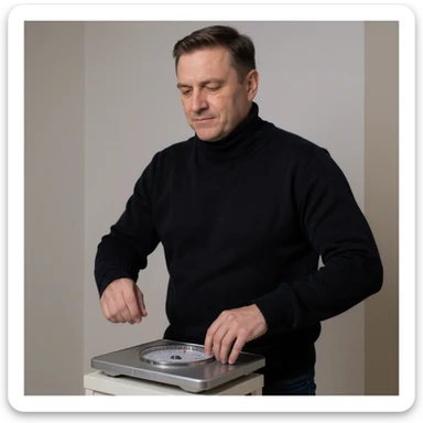 Vertical 2:3 photograph inspired by the reference image, featuring an elegant man in a black sweater, fasting theme. The man is weighing himself on a scale with a serene expression, in a tidy environment. Realistic style, clearly conveying the concept of fasting. sticker