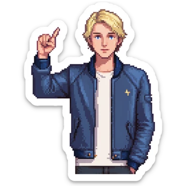 Flat pixel art, confident male leader, Caucasian, short neat blonde hair, sharp eyes, indigo jacket, one arm raised gicing direction, waist-up, front-facing sticker