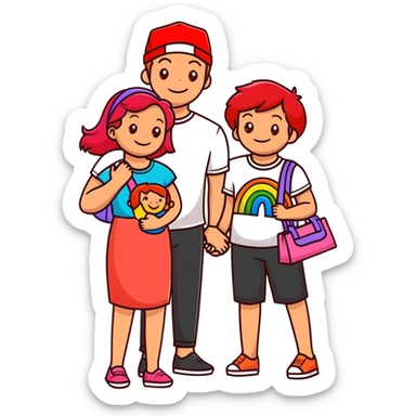 A happy family of four - father in white t-shirt and cap, mother with red hair in coral dress, young daughter in matching dress with rainbow handbag, teenage son in light embroidered shirt, all smiling together sticker