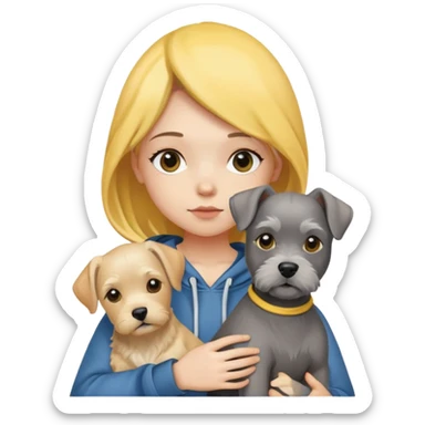 A girl with yellow hair wearing a hoodie holding a schnauzer and a labrador sticker