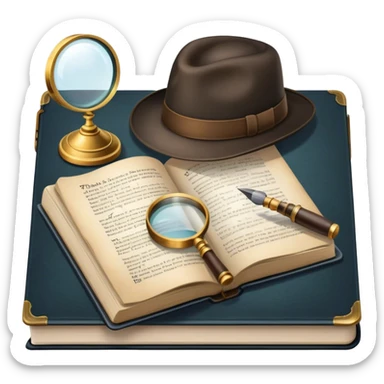 Icon for Detective Reading: an open book with text and a magnifying glass, a detective’s hat and a notebook with clues, surrounded by dark shadows and mysterious elements like footprints. Transparent background. sticker