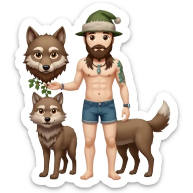 full body man long brown hair brown eyes medium beard white skin shirtless with vine tattoos and wolf hat sticker