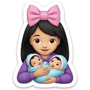 Tiny teeny small premature newborn baby with black hair and a bow bundled up and cute smiling  sticker