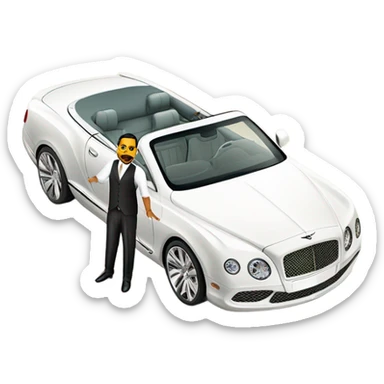 Chubby Arab rich man with a white on white 2025 Bentley convertible  sticker