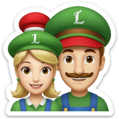 blonde female Luigi (with the Luigi green hat with an L on it) and a normal brown hair male Mario with the red hat. They are friends just smiling sticker