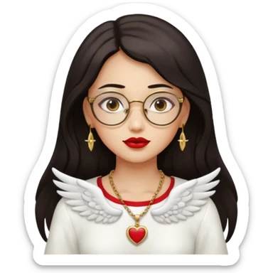 Angel girl with eyeglasses and Middle parted hair long dark hair with red lipstick  and push gold necklaces and dark eyes with withe wings sticker