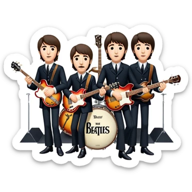 Rock music icon: The Beatles performing live on stage. John Lennon with guitar, Paul McCartney with bass, George Harrison with guitar, Ringo Starr on drums. Bright lights, energetic performance. Transparent background. sticker