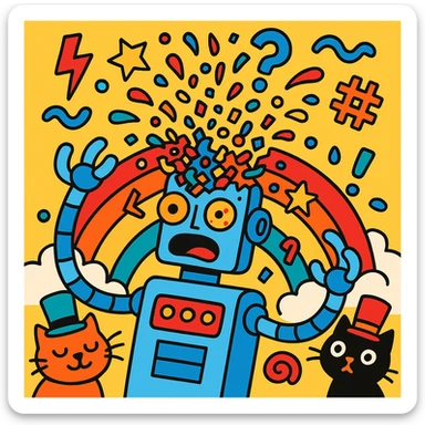 robot with head exploding into confetti, surrounded by nonsensical symbols, cats wearing hats, rainbow, playful vibrant toon style, funny AI losing its mind sticker