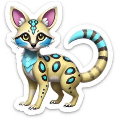 Rare realistic tropical exotic shiny cute epic pretty beautiful handsome gorgeous aesthetic colorful vibrant Vernid-Protogen-Primagen-Wickerbeast-Genet-Trico-species-Fakemon-hybrid-creature by LiLaiRa, beautiful intricate markings, full body sticker
