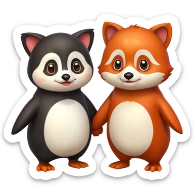 A cartoon penguin and red panda holding "hands" sticker