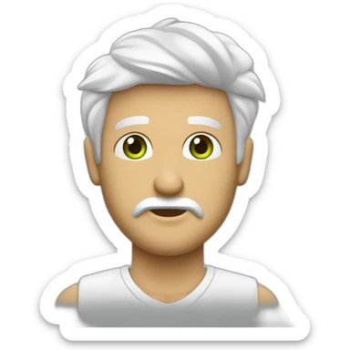 hombre blanco conlente y un peinado clásico de lado, apuntando hacia el frente de medio lado mientras guiña un ojo , usando una franela balnca con dordes verdes sticker