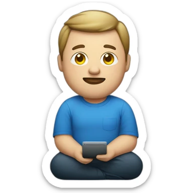 fat man with computer in a blue shirt sticker