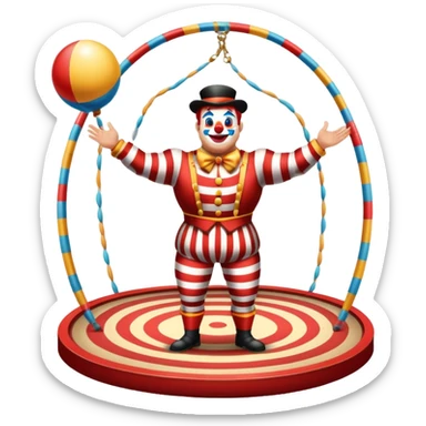 Icon for Circus Arts: a vibrant round circus arena with a strongman in a striped costume, a juggler performing and a clown entertaining the crowd. The icon should capture the energy and excitement of a circus performance. Transparent background. sticker