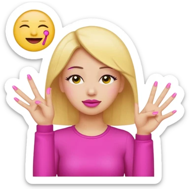 Yellow circle emoji sighing and drumming fingers up the side of their head the eye is closed it is a side profile pink lipstick and pink nails sticker
