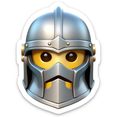 Clash of Clans aesthetic: Cinematic Playful Steel Helm Emoji, rendered in a 3D vector-style similar to standard emojis with minimal shading and bold, simplified shapes. A compact, isometric helmet crafted of shining steel with intricate engravings and a protective visor, softly glowing with a noble warrior charm. Simplified yet unmistakably iconic, highly detailed and consistent, glowing with a soft radiant gleam and high polish. Stylized with a touch of chivalric tradition and a soft glowing outline, capturing the essence of a stalwart battle helm with a friendly, playful manner! sticker
