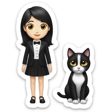 Tuxedo cat and a little girl with blackish brown hair medium sticker