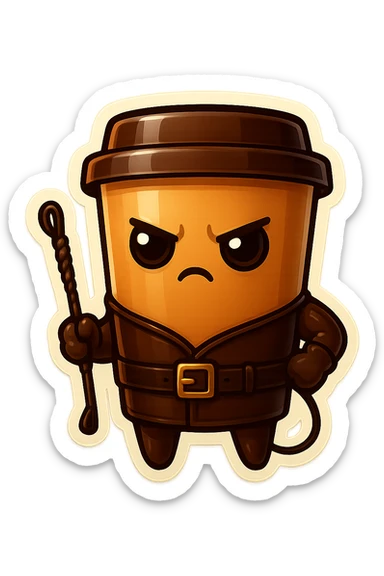 Tall coffee cup, dressed in leather holding a whipping crop, serious expression sticker