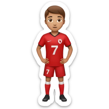 Apple iOS emoji style 20-23 year old soccer player standing hands on waist, red jersey #7, glossy 3D, clean background sticker