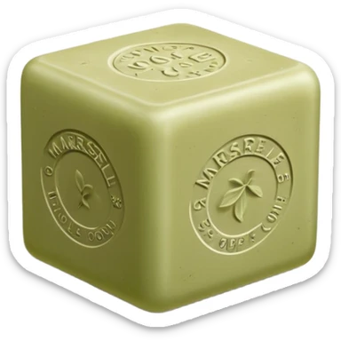 single cube of traditional Marseille soap, matte slightly rough surface, pale olive-green color, embossed classic markings on sides, natural imperfections like air bubbles and uneven edges, no packaging or extras, soft lighting, subtle shadows, emoji scale sticker