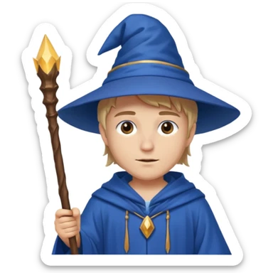youthful wizard holding a staff, wearing a wizard hat sticker