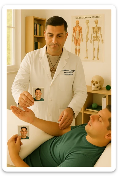 a middle-aged man, dressed in casual professional attire, is in a bright, organized therapy studio. Durante una visita di kinesiologia, il ragazzo tiene con una mano la foto di una persona lontana (il “testimone”) tiene la foto in mano, mentre con l’altra mano esegue un test muscolare su un cliente presente senza foto lui non tiene la foto. Sullo sfondo si vedono libri di kinesiologia, poster anatomici e strumenti tipici della disciplina. L’atmosfera è concentrata e serena, con luce naturale che entra dalla finestra, sottolineando l’aspetto alternativo e umano della pratica. sticker