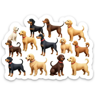 Collage of various dog breeds like Doberman, Poodle, Dachshund, and Golden Retriever, playing in a park with trees and grass. Some dogs run, others sit, all are full of energy and happiness. A joyful, colorful scene with playful expressions. Transparent background. sticker