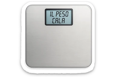 bilancia PESAPERSONE vista dall'alto con la scritta "IL PESO CALA" SUL DISPLAY, IPERREALISTA 4K sticker