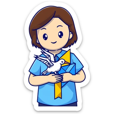 Happy Ukrainian young girl with brown hair in a white embroidered shirt holds an origami yellow and blue crane sticker