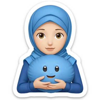 white pretty woman with hijab holding a blue cushion emoji sticker