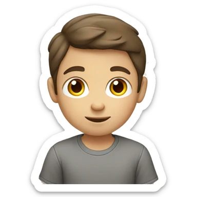 A little boy with brown hair and in a grey shirt studying  sticker