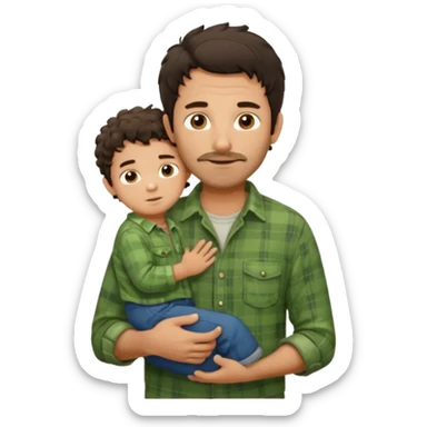 A father with messy medium-length dark hair and light stubble, wearing a green flannel shirt. He holds his one child who has short curly brown hair and a cream-colored romper. Cozy warm lighting, authentic family moment. sticker