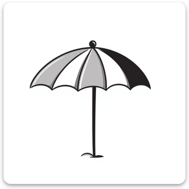 A beach umbrella with stripes in pastel colors (dd9fb0, ffc6d3, a3bfc9, c4bee2, f1b091), hand-drawn doodle style sticker