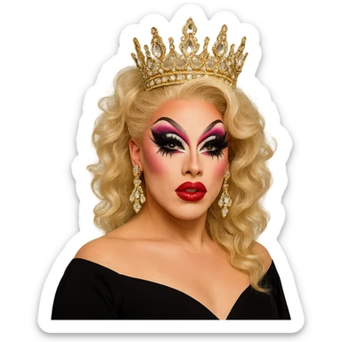 drag queen with dramatic eye makeup and crown sticker